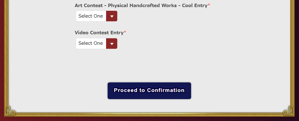 A screenshot of the bottom of the London Fan Festival 2023 Art and Video Contest voting form. Once the user has finished voting, they can click the blue box labelled proceed to confirmation.